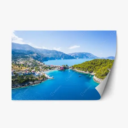 Pegatina reposicionable bahía de aguas turquesa y pinos – Pixers®