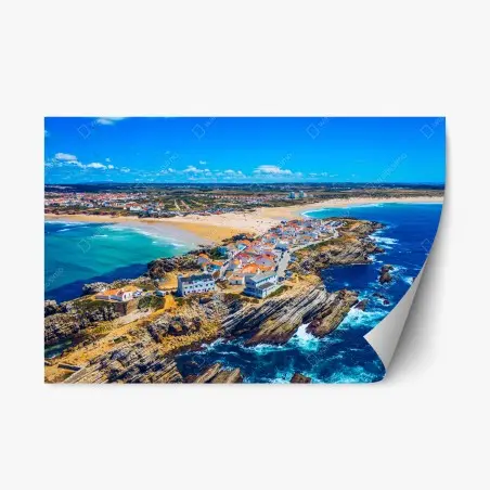 Pegatina reposicionable vista aérea de Baleal, Portugal: costa y olas – Pixers®