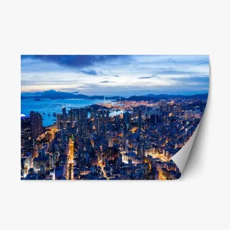 Pegatina reposicionable panorámica nocturna de Hong Kong desde las alturas – Pixers®
