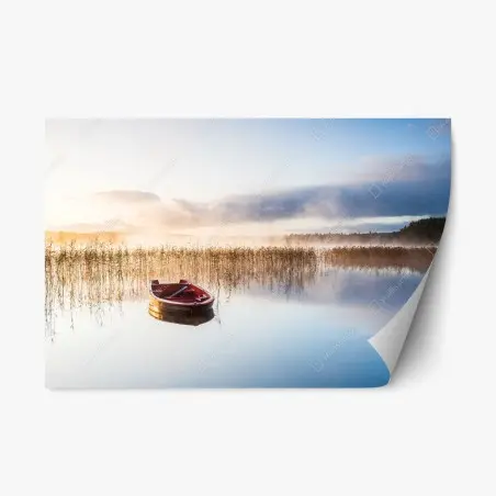 Pegatina reposicionable amanecer sereno en el lago con bote rojo – Pixers®