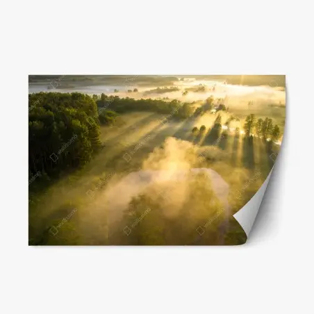 Pegatina reposicionable amanecer dorado sobre río y pradera en niebla – Pixers®
