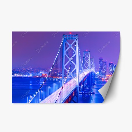 Pegatina reposicionable puente iluminado sobre la bahía al anochecer – Pixers®