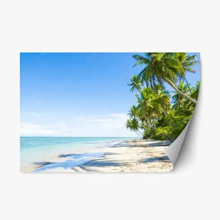 Pegatina reposicionable escena de playa tropical con palmeras y mar turquesa – Pixers®