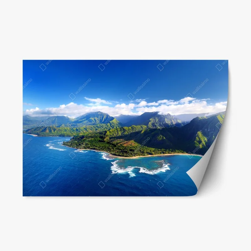 Pegatina reposicionable paraíso costero: vista aérea de playa y montañas