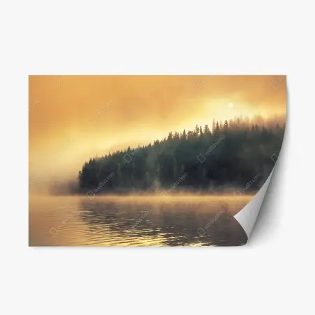 Pegatina reposicionable amanecer dorado en el lago brumoso – Pixers®