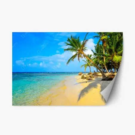 Pegatina reposicionable escena de paraíso tropical con palmeras y mar turquesa – Pixers®