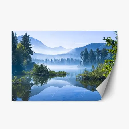 Pegatina reposicionable serenidad matutina en lago de montaña – Pixers®
