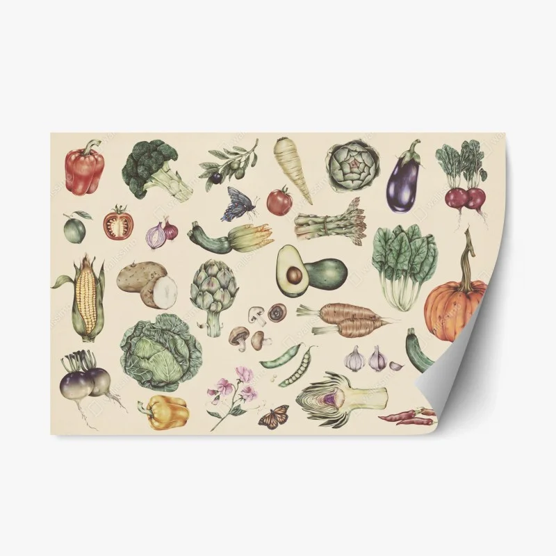 Pegatina reposicionable patrón botánico de verduras dibujadas a mano