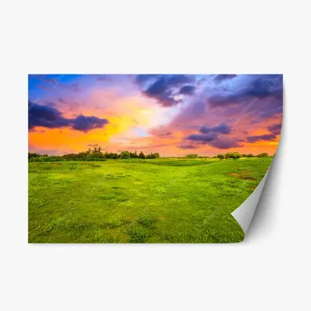 Pegatina reposicionable paisaje de pradera al atardecer con cielo colorido – Pixers®