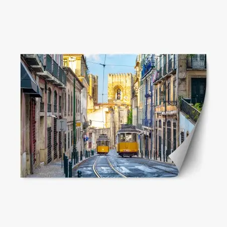 Pegatina reposicionable tranvía amarillo de la línea 28 en Lisboa – Pixers®
