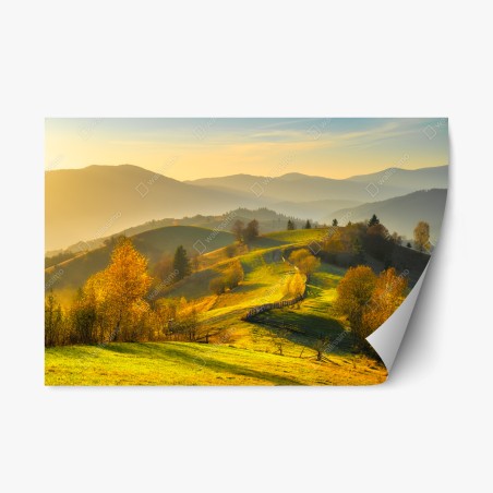 Pegatina reposicionable atardecer dorado en colinas otoñales – Pixers®