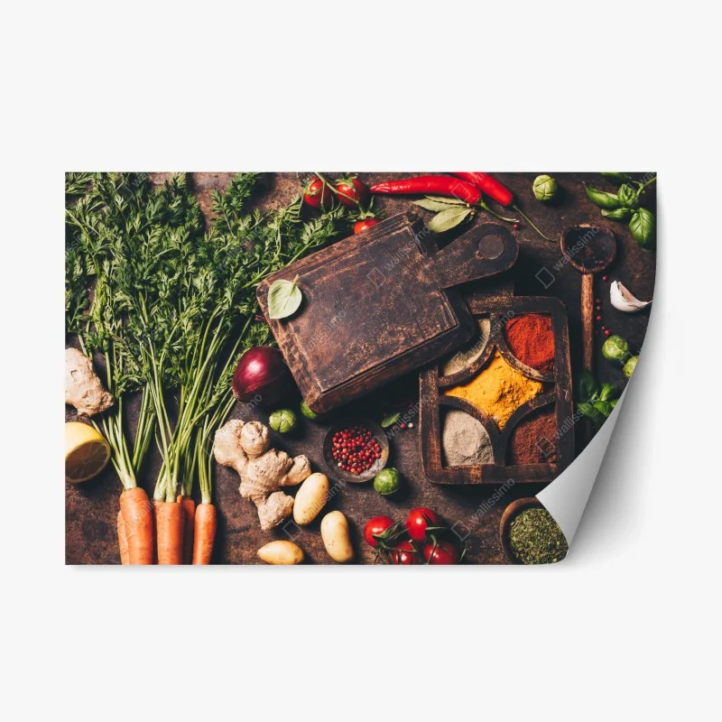 Pegatina reposicionable composición rústica de verduras y especias