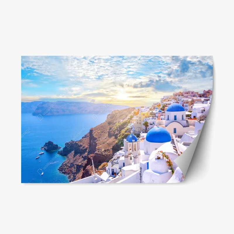 Pegatina reposicionable panorámica de Oia, Santorini al atardecer