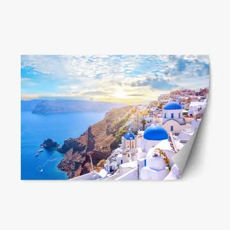 Pegatina reposicionable panorámica de Oia, Santorini al atardecer – Pixers®