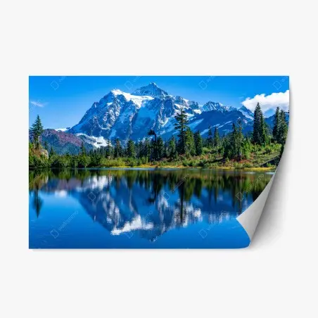 Pegatina reposicionable reflejo de montaña nevada en lago sereno – Pixers®