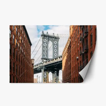 Pegatina reposicionable vista icónica del puente de Brooklyn entre fachadas de ladrillo – Pixers®