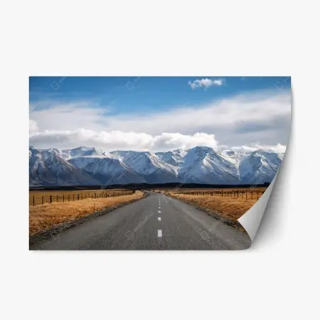 Pegatina reposicionable carretera hacia montañas nevadas en Nueva Zelanda – Pixers®