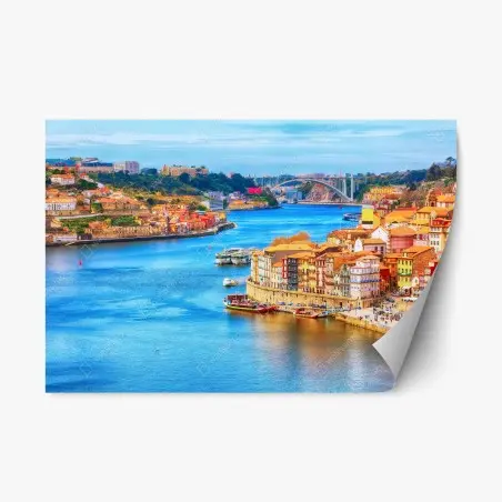 Pegatina reposicionable ribeira en Porto: vista colorida del río – Pixers®