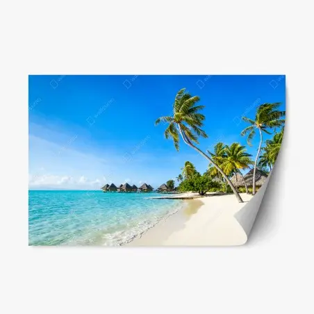Pegatina reposicionable paraíso tropical con bungalows sobre el agua – Pixers®
