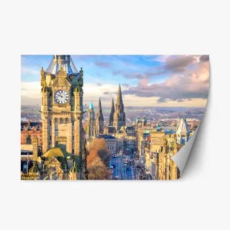 Pegatina reposicionable panorámica del casco antiguo de Edimburgo al atardecer – Pixers®