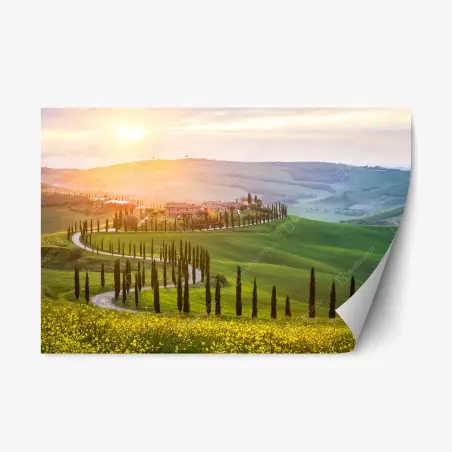 Pegatina reposicionable paisaje ondulado de Toscana al amanecer – Pixers®