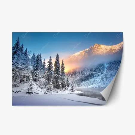 Pegatina reposicionable amanecer dorado en montaña nevada junto al lago – Pixers®
