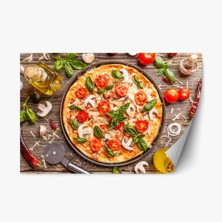 Pegatina reposicionable pizza italiana rústica con albahaca y tomates cherry – Pixers®