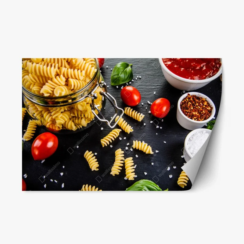 Pegatina reposicionable escena mediterránea de pasta fusilli y tomates cherry