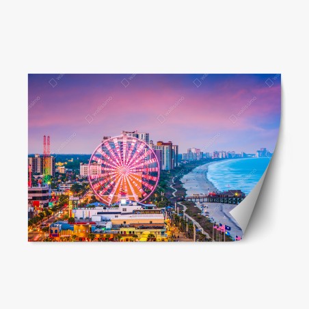 Pegatina reposicionable atardecer en Myrtle Beach: noria luminosa sobre la costa – Pixers®