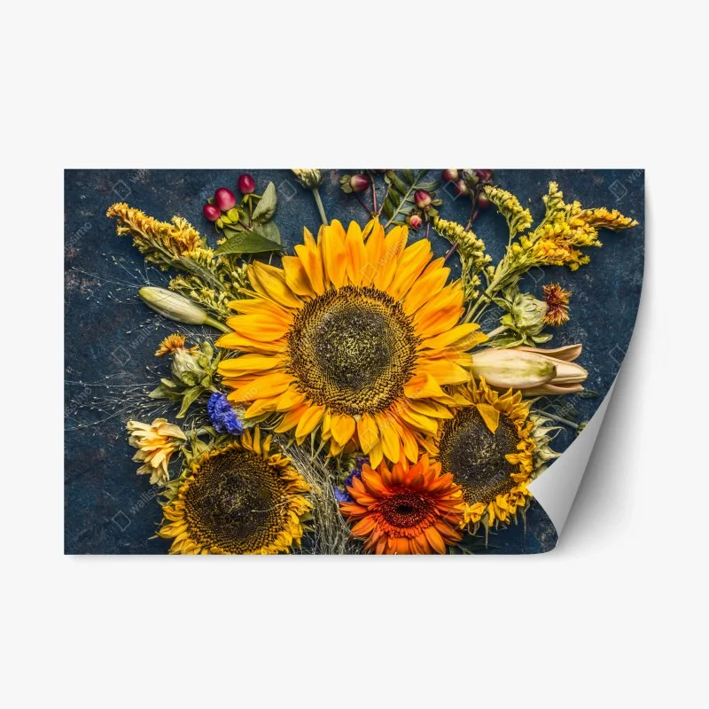 Pegatina reposicionable composición otoñal de girasoles sobre fondo rústico