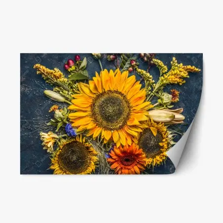 Pegatina reposicionable composición otoñal de girasoles sobre fondo rústico – Pixers®