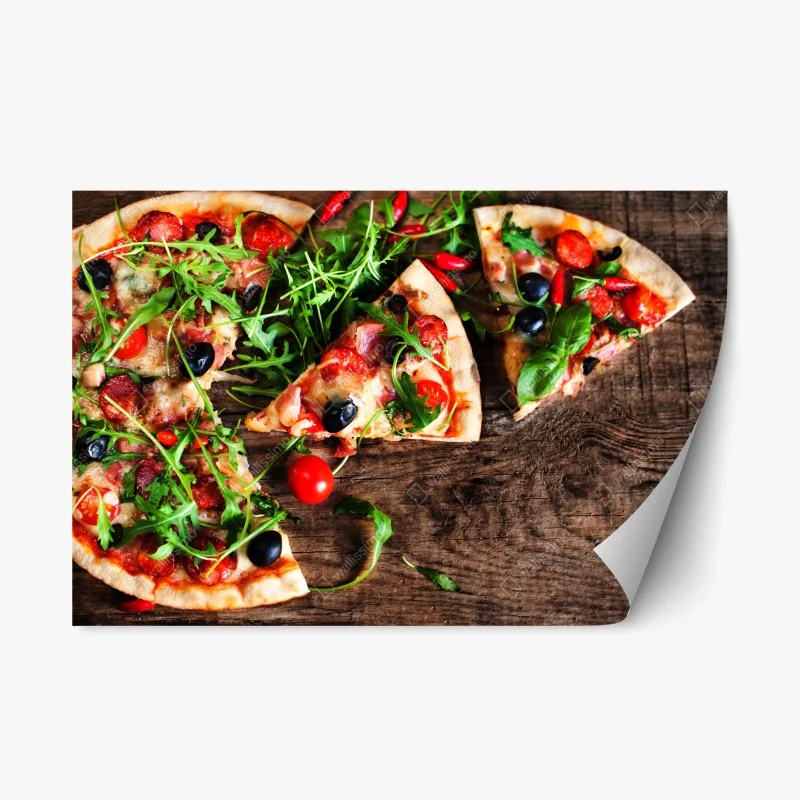 Pegatina reposicionable póster de pizza rústica con pepperoni y rúcula