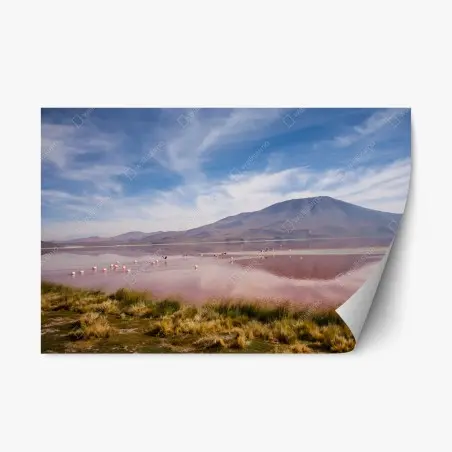 Pegatina reposicionable laguna rosa con flamencos y reflejo de montaña – Pixers®