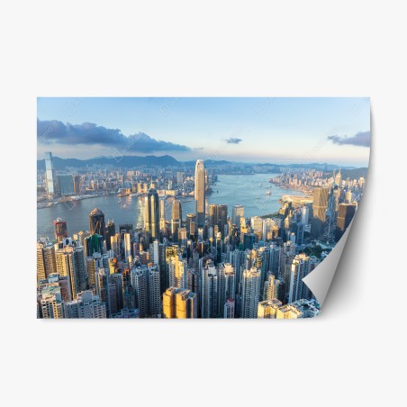 Pegatina reposicionable atardecer sobre Hong Kong: horizonte urbano dorado – Pixers®