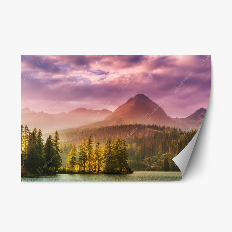 Pegatina reposicionable atardecer en Štrbské Pleso: lago y montañas en tonos rosados