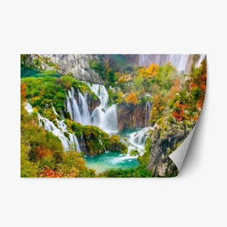 Pegatina reposicionable cascada otoñal sobre aguas turquesa – Pixers®