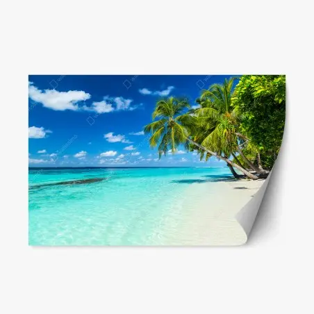 Pegatina reposicionable escena de playa tropical con palmeras – Pixers®