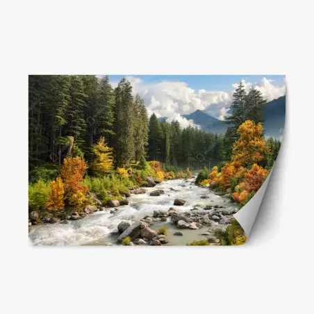 Pegatina reposicionable paisaje otoñal de montaña a orillas del río – Pixers®