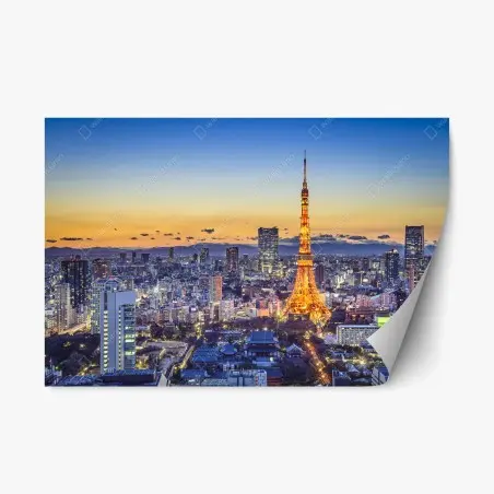 Pegatina reposicionable atardecer en Tokio con la torre iluminada – Pixers®