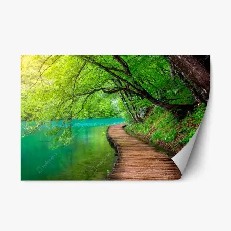 Pegatina reposicionable sendero de madera junto al lago turquesa – Pixers®