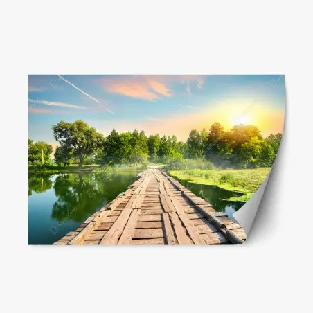Pegatina reposicionable puente rústico sobre lago al atardecer – Pixers®