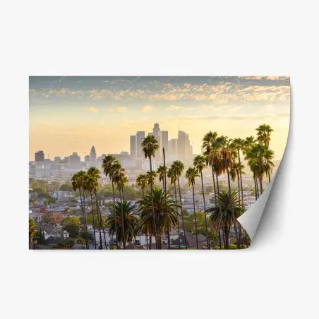 Pegatina reposicionable amanecer sobre Los Ángeles con palmeras – Pixers®