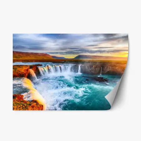 Pegatina reposicionable amanecer sobre Godafoss: belleza salvaje de Islandia – Pixers®