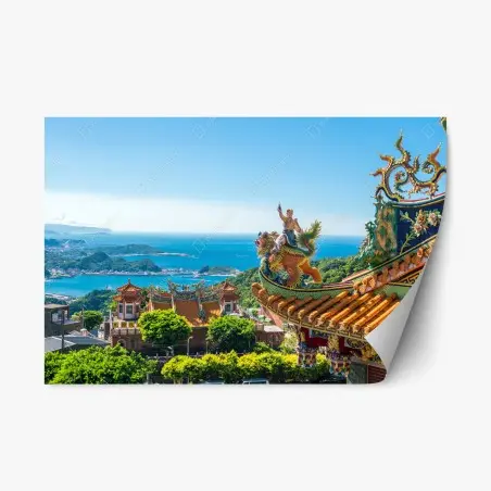 Pegatina reposicionable templo con vistas al mar en Jiufen, Taipei, Taiwan – Pixers®