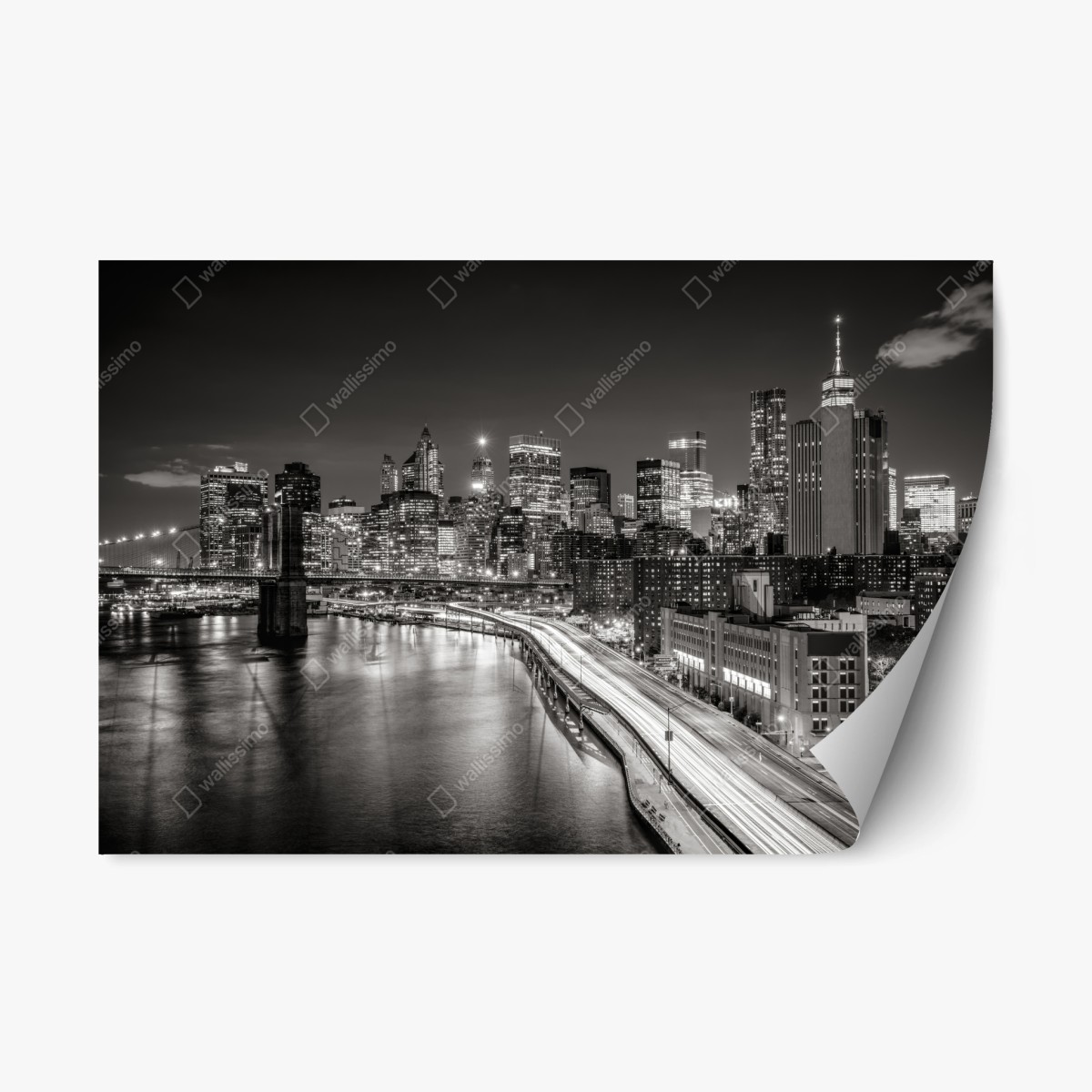 Pegatina reposicionable vista nocturna de Nueva York en blanco y negro – Pixers®