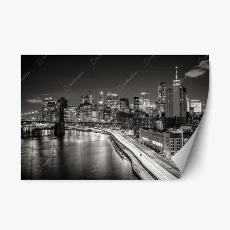 Pegatina reposicionable vista nocturna de Nueva York en blanco y negro – Pixers®