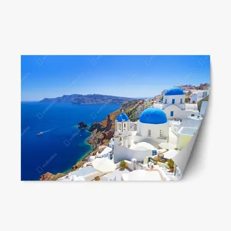 Pegatina reposicionable escena mediterránea de Santorini con cúpulas azules – Pixers®