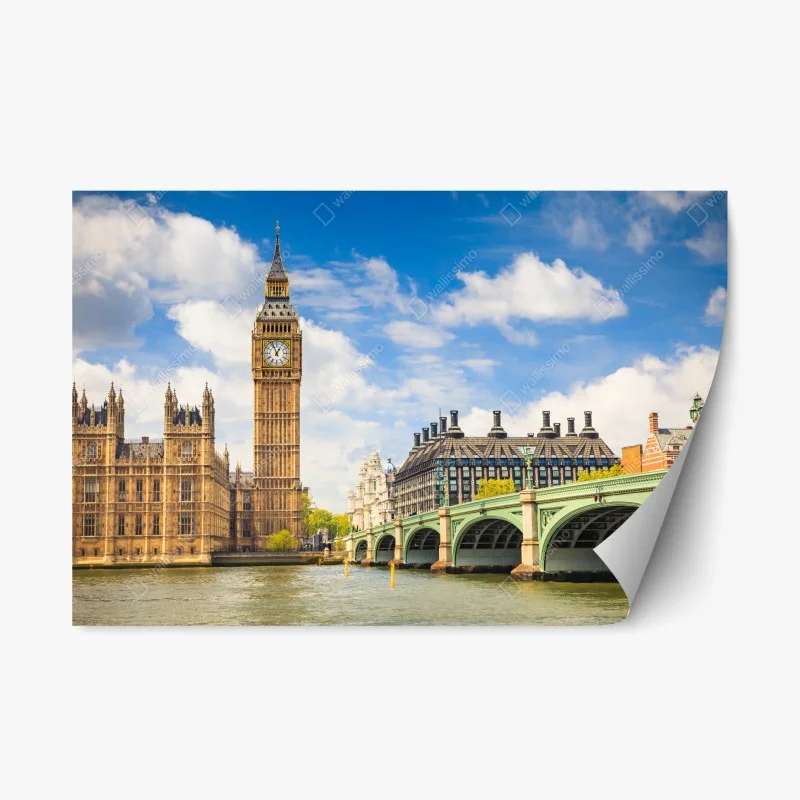 Pegatina reposicionable panorama urbano de Londres con Big Ben y puente de Westminster