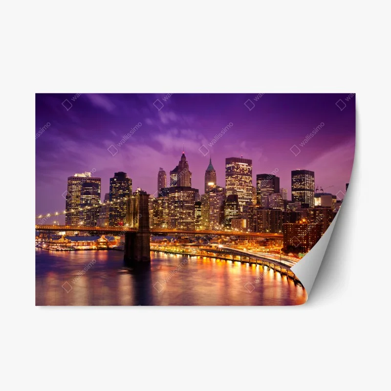 Pegatina reposicionable panorámica nocturna de Nueva York con puente iluminado