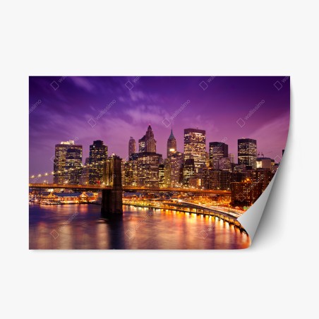 Pegatina reposicionable panorámica nocturna de Nueva York con puente iluminado – Pixers®